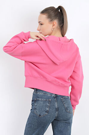 Kadın Tam Fermuarlı Kapüşonlu Cepli Kısa Oversize Sweatshirt Pembe - 2503