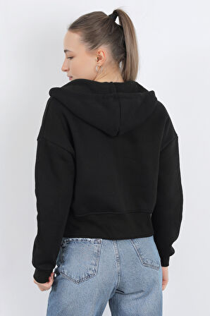 Kadın Tam Fermuarlı Kapüşonlu Cepli Kısa Oversize Sweatshirt Siyah - 2503