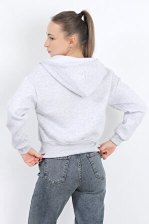 Kadın Tam Fermuarlı Kapüşonlu Cepli Kısa Oversize Sweatshirt Karmelanj - 2503