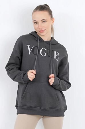 Kadın Vogue Nakışlı Kapüşonlu Kanguru Cepli Oversize Sweatshirt Füme - 2524