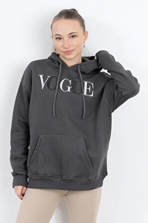 Kadın Vogue Nakışlı Kapüşonlu Kanguru Cepli Oversize Sweatshirt Füme - 2524