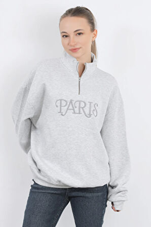 Kadın Paris Nakışlı Yarım Fermuarlı Dik Yaka Oversize Sweatshirt Karmelanj - 9014