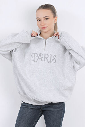 Kadın Paris Nakışlı Yarım Fermuarlı Dik Yaka Oversize Sweatshirt Karmelanj - 9014