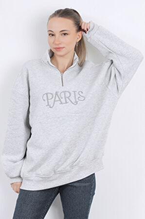 Kadın Paris Nakışlı Yarım Fermuarlı Dik Yaka Oversize Sweatshirt Karmelanj - 9014