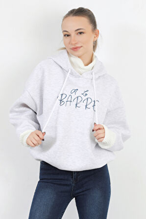 Kadın Barre Nakışlı Stoperli Triko Detaylı Kapüşonlu Oversize Sweatshirt Karmelanj – 5076