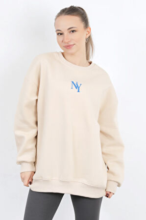 Kadın NY Nakışlı Bisiklet Yaka 3 İplik Şardonlu Oversize Sweatshirt Bej – 9005