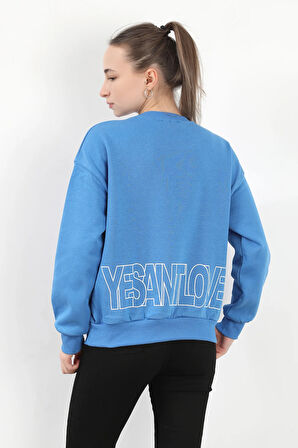 Kadın Bisiklet Yaka Yesantlove Baskılı Oversize Sweatshirt Mavi - 2587