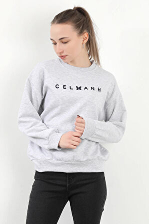 Kadın Bisiklet Yaka Celanh Nakışlı Pamuklu Sweatshirt Karmelanj - 2581