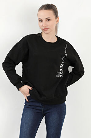 Kadın Bisiklet Yaka Sportstyl Baskılı Pamuklu Sweatshirt Siyah - 2578