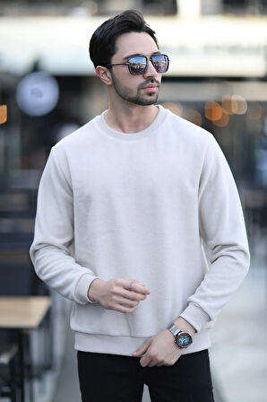 Erkek Bisiklet Yaka İntersoft Oversize Ribanalı Sweatshirt Bej - 5737