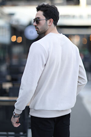 Erkek Bisiklet Yaka İntersoft Oversize Ribanalı Sweatshirt Bej - 5737