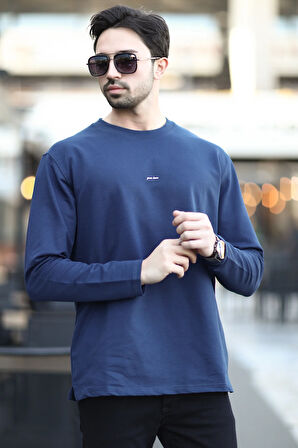Erkek Bisiklet Yaka Baskı Detaylı 2İplik Sweatshirt Lacivert - 5725