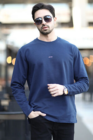 Erkek Bisiklet Yaka Baskı Detaylı 2İplik Sweatshirt Lacivert - 5725