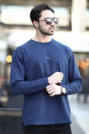 Erkek Bisiklet Yaka Baskı Detaylı 2İplik Sweatshirt Lacivert - 5725