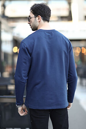 Erkek Bisiklet Yaka Baskı Detaylı 2İplik Sweatshirt Lacivert - 5725