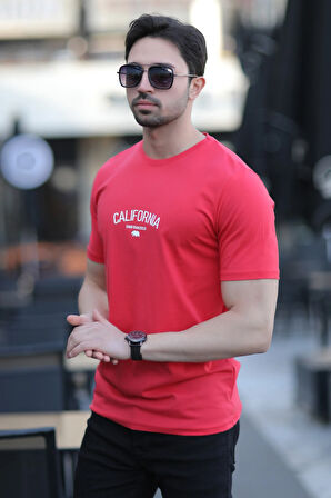 Erkek Bisiklet Yaka California Enjeksiyon Baskılı T-Shirt Kırmızı - 2020-2