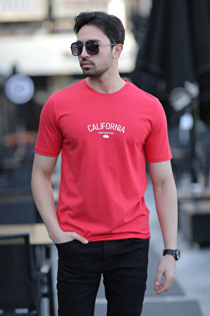 Erkek Bisiklet Yaka California Enjeksiyon Baskılı T-Shirt Kırmızı - 2020-2