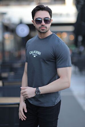 Erkek Bisiklet Yaka California Enjeksiyon Baskılı T-Shirt Antrasit - 2020-2