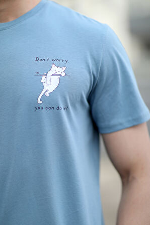 Erkek Bisiklet Yaka Kedi Dijital Baskılı T-Shirt Mavi - 2020-3