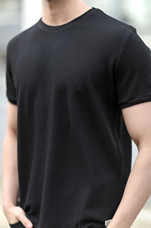 Erkek Bisiklet Yaka Waffle Kumaş Dokulu T-Shirt Siyah - 2709