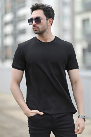 Erkek Bisiklet Yaka Waffle Kumaş Dokulu T-Shirt Siyah - 2709