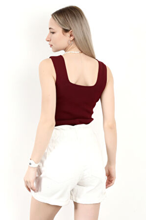 Kadın Kare Yaka Kalın Askılı Basic Triko Bluz Bordo - 2000