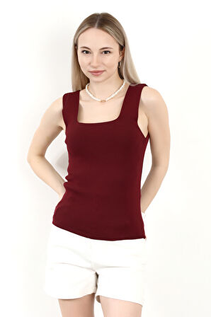 Kadın Kare Yaka Kalın Askılı Basic Triko Bluz Bordo - 2000