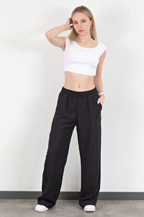 Kadın Beli Lastikli Bol Paça Cep Detaylı Pantolon Siyah - 25576