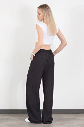 Kadın Beli Lastikli Bol Paça Cep Detaylı Pantolon Siyah - 25576