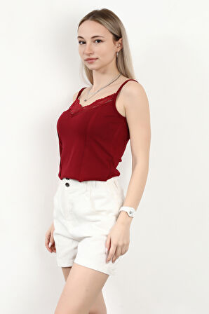 Kadın Askılı Dantel Detaylı Bluz Bordo - MS0000569