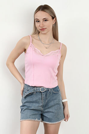 Kadın Askılı Dantel Detaylı Bluz Pembe - MS0000569