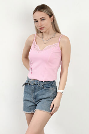 Kadın Askılı Dantel Detaylı Bluz Pembe - MS0000569