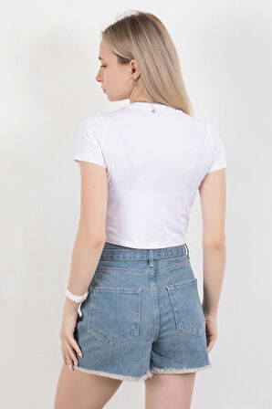 Kadın Bisiklet Yaka Pamuklu Basic T-Shirt Beyaz – MS0000102