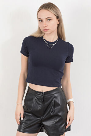 Kadın Bisiklet Yaka Pamuklu Basic T-Shirt Lacivert – MS0000102