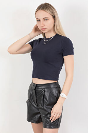 Kadın Bisiklet Yaka Pamuklu Basic T-Shirt Lacivert – MS0000102