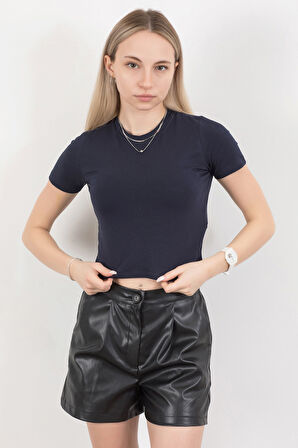 Kadın Bisiklet Yaka Pamuklu Basic T-Shirt Lacivert – MS0000102