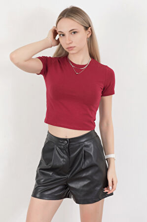 Kadın Bisiklet Yaka Pamuklu Basic T-Shirt Bordo – MS0000102