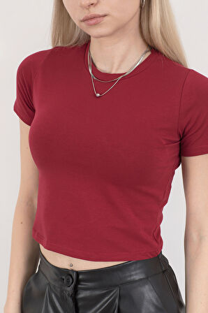 Kadın Bisiklet Yaka Pamuklu Basic T-Shirt Bordo – MS0000102