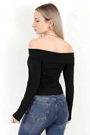 Kadın Kayık Yaka Uzun Kol Basic Bluz Siyah - MS0000505