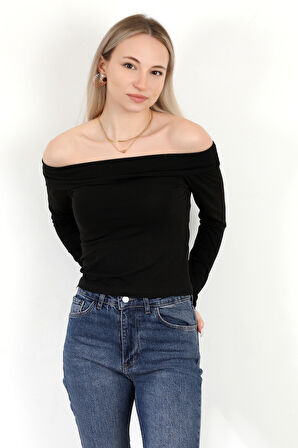 Kadın Kayık Yaka Uzun Kol Basic Bluz Siyah - MS0000505