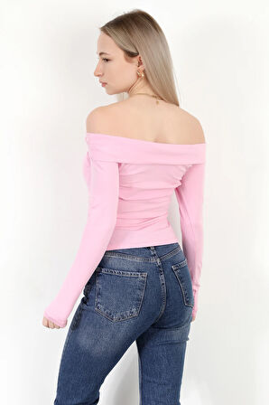 Kadın Kayık Yaka Uzun Kol Basic Bluz Pembe - MS0000505