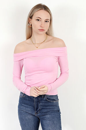Kadın Kayık Yaka Uzun Kol Basic Bluz Pembe - MS0000505
