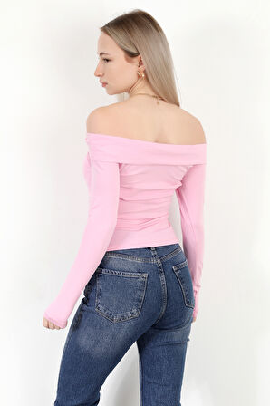 Kadın Kayık Yaka Uzun Kol Basic Bluz Pembe - MS0000505