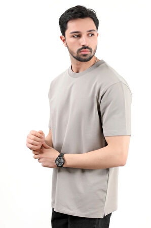Erkek Bisiklet Yaka Pamuklu T-Shirt Gri - 2610