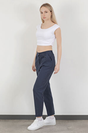 Kadın Beli Lastikli Çift Cepli Dar Paça Pantolon Lacivert - 5121