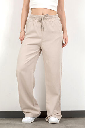 Kadın Beli Lastikli Bağcıklı Bol Paça Pantolon Taş - 4707