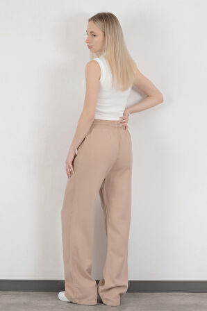 Kadın Beli Lastikli Bağcıklı Bol Paça Pantolon Bej - 4707