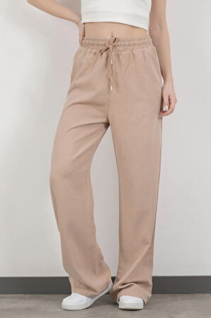 Kadın Beli Lastikli Bağcıklı Bol Paça Pantolon Bej - 4707