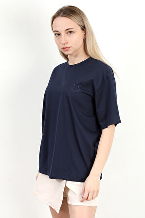 Kadın Bisiklet Yaka Smile Nakışlı Pamuklu T-Shirt Lacivert - 925018