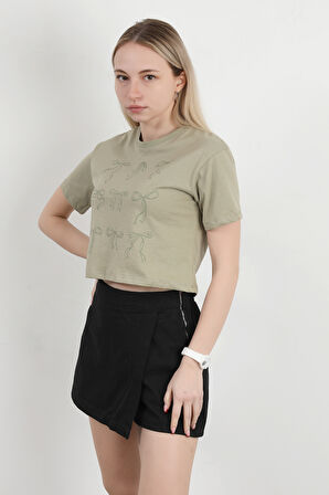 Kadın Bisiklet Yaka Fiyonk Baskılı T-Shirt Haki - 925027
